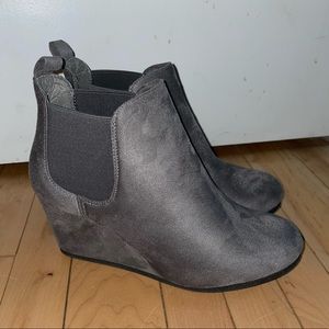 Gray suede heeled booties